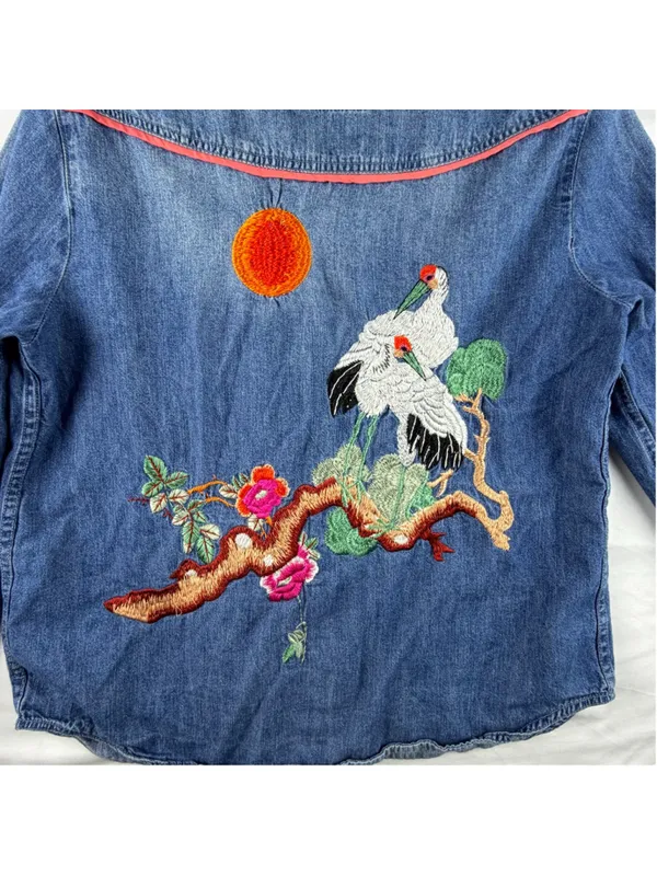 Holding Horses Anthropologie Denim Crane Embroidered Button Down Shirt Layering - Image 6