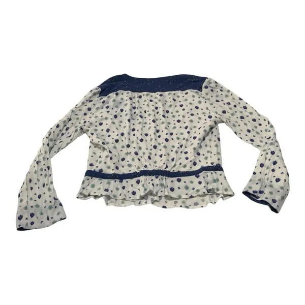 Free people size small long sleeve top mixed media g Navy White Patterned Blouse - Image 2