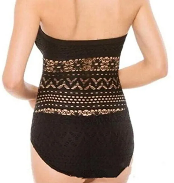 New Large Black Strapless Sheer Crochet One Piece Swim Suit with Button Detail - Image 4
