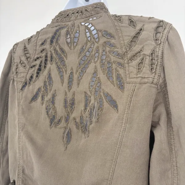 Free People Moto Jacket Women 4 Brown Olive Eyelet Embroidered Linen Cotton - Image 7