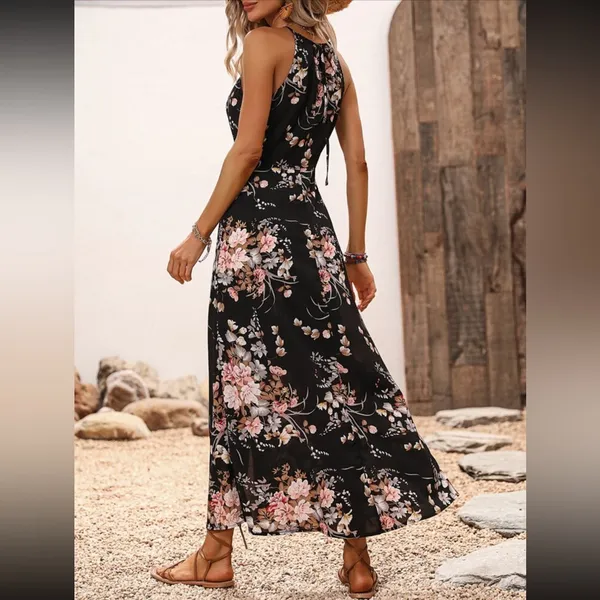 SheIn Black and Pink Floral Print Split Thigh Halter Maxi Dress with Slit - Image 7