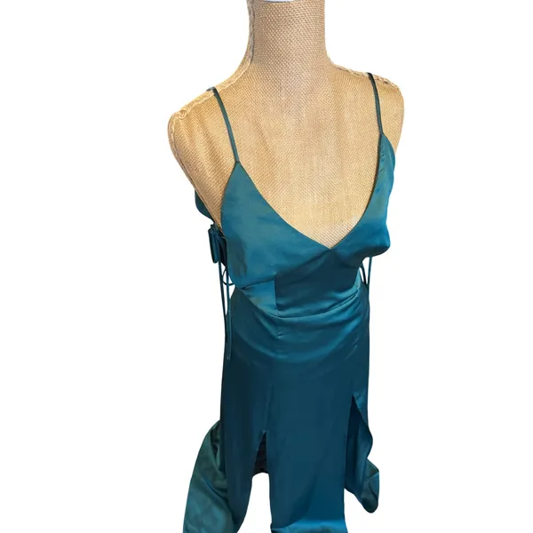 CAPULET Emerald Green Satin Slip Maxi Dress Spaghetti Straps Double Slit Size‎ S - Image 5