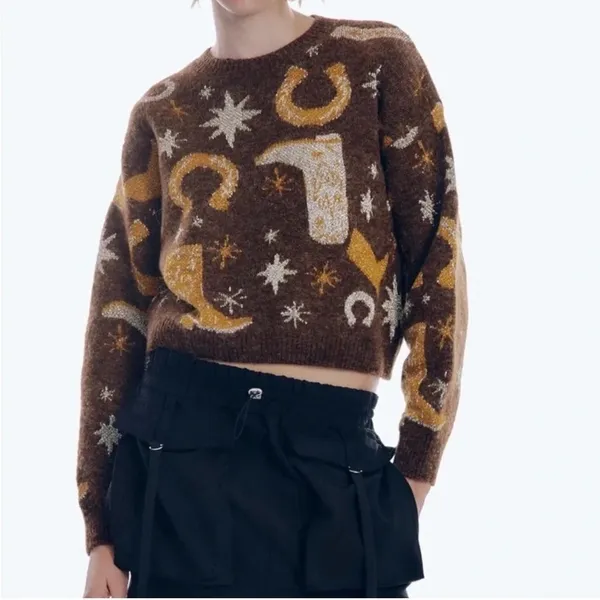 ZARA Western Cosmic Cowboy Boots Stars Jacquard Sweater Metallic Crewneck Small‎ - Image 5