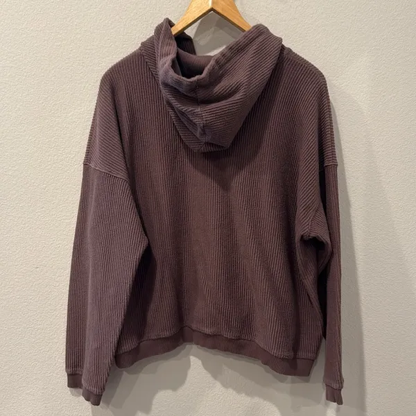 Aerie Chocolate Brown Corded Rib Knit Hoodie Size Large - Image 6