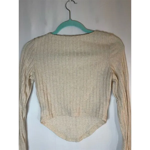 SHEIN Cropped Top Womens Size S Beige Ribbed Knit Square Neck Long Sleeve - Image 5