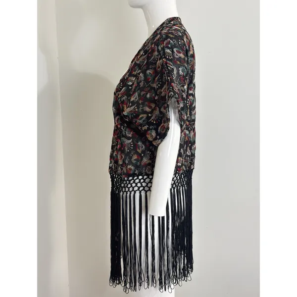 Forever 21 Women’s Sheer Kimono Cardigan Black Embroidered Fringe Boho Festival Size S - Image 2