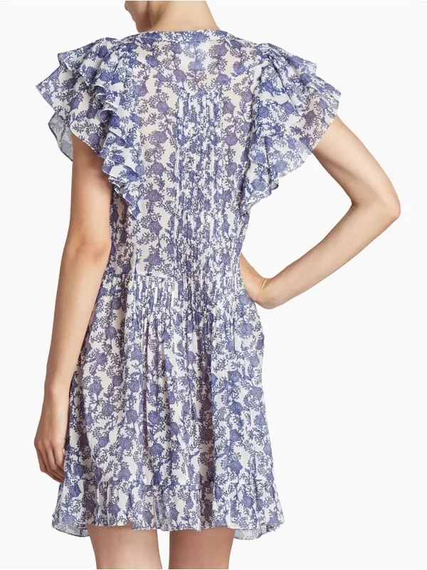 Isabel Marant Étoile Godrana Flutter-Sleeve Blue Floral Ruffle-Sleeve Dress S 44 - Image 2