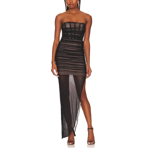 Nookie Black Mesh Ruched Maxi Dress XS Bustier Slimming Bodycon Designer $380 - Image 4
