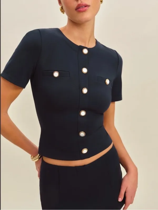 Reformation XS NEW Ellen Knit Top Navy Crew Neck Business Office Old Money - Image 7
