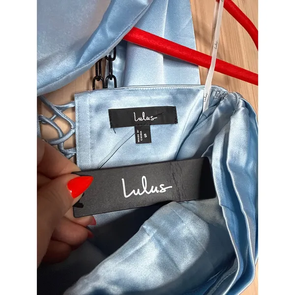 NWT Lulus Avril Light Blue Satin Sash Scarf Mini Dress Party Cocktails Wedding S - Image 4