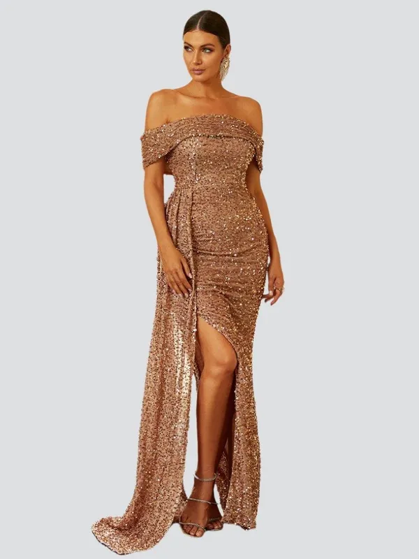 Miss Ord Off Shoulder Sequin High Split Prom Dress XH2132 - Image 3