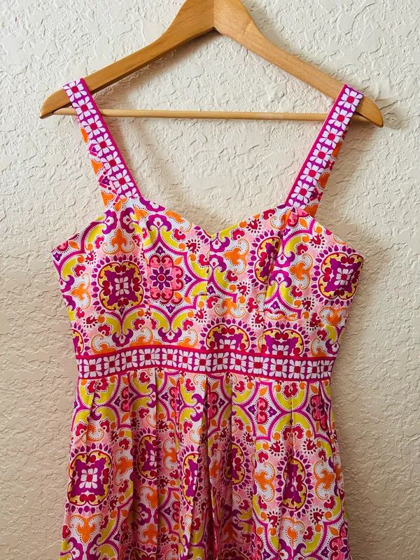 🩷 Maison Tara Medallion Print Midi Dress Size 4 Bright Pink Orange WITH POCKETS - Image 8