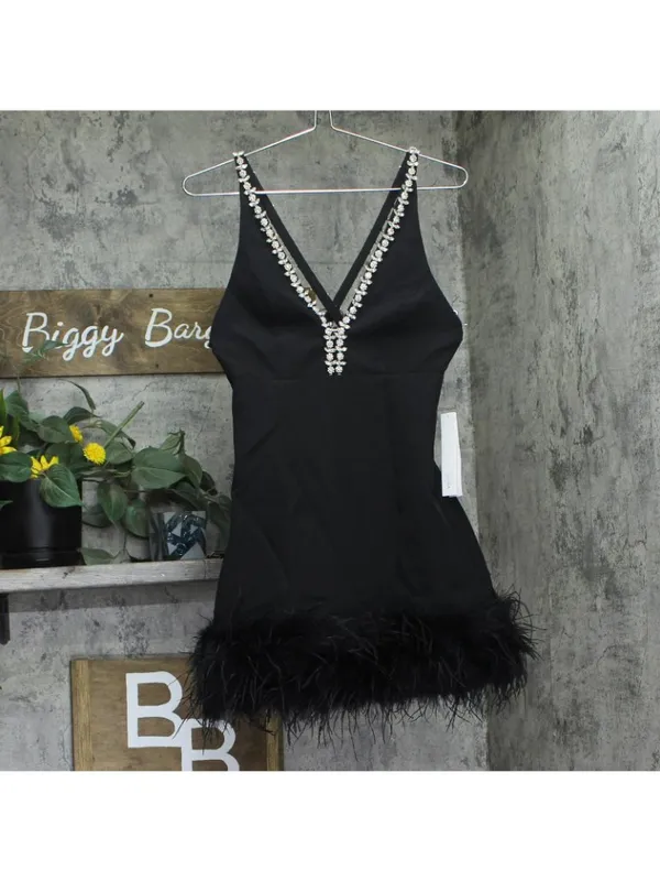 NWT Aqua Womens Feather Embellished Tank Mini Dress IDO12840 Black XS - Image 2