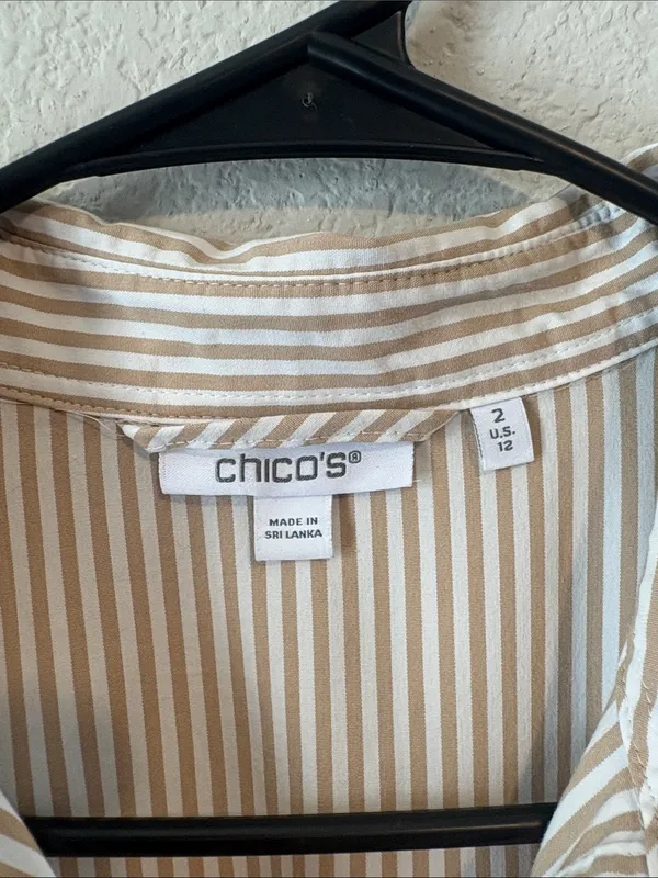 Chico's Cream and Tan Striped Button-Front collared tiered Maxi Dress - Image 2