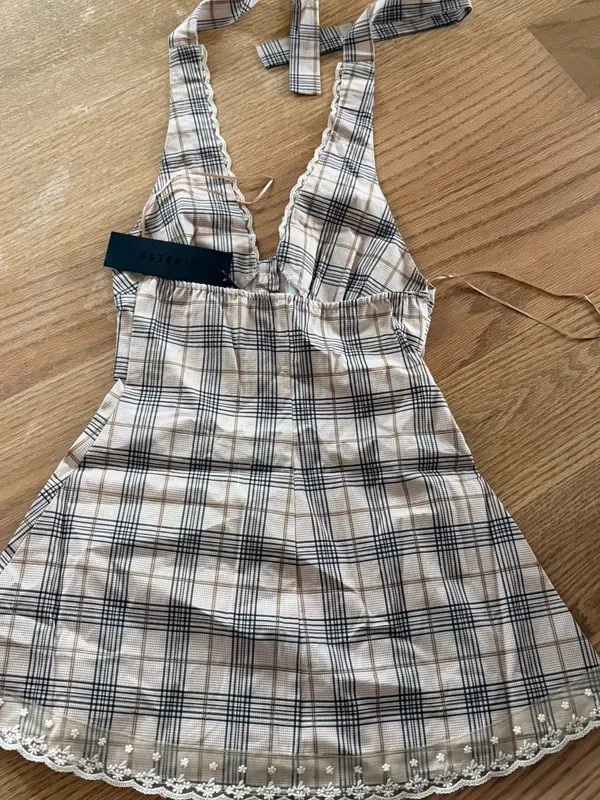 Lioness Beige Plaid Halter Mini Dress - Image 3