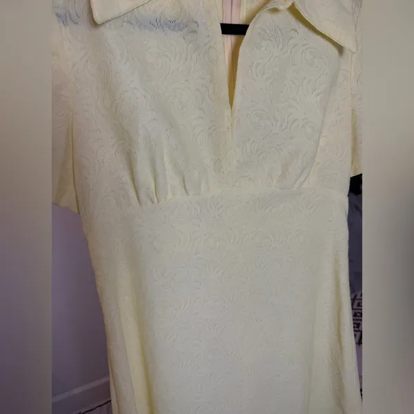 VINTAGE 60s Yellow Jacquard Empire Waist Mod Dress Large - Image 10