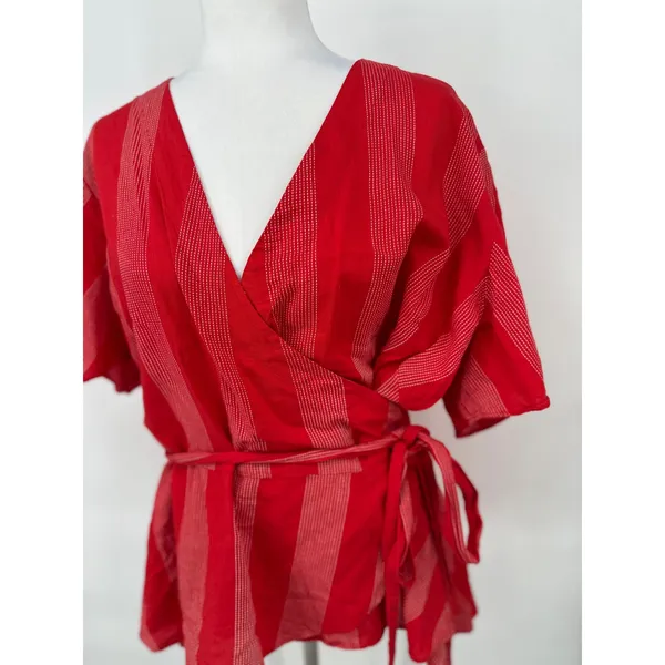 LOFT PLUS Wrap Top‎ Women 24 Red Striped Short Sleeve V-Neck Casual Peplum - Image 3