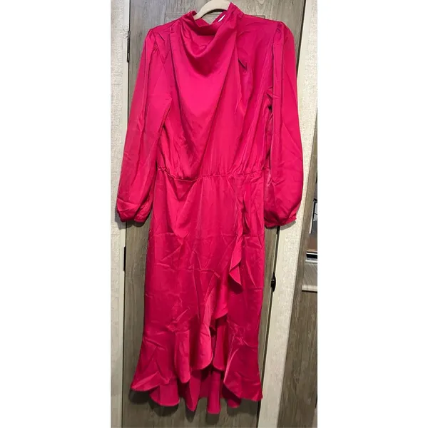 NEW Satin Mock Neck Cocktail Midi Dress Wrap Ruched Ruffle M - Image 8