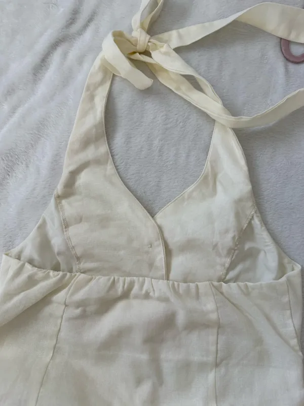 SHEIN Cream Halter Midi Dress Gold Button Detail Open Back Size M NWOT - Image 5