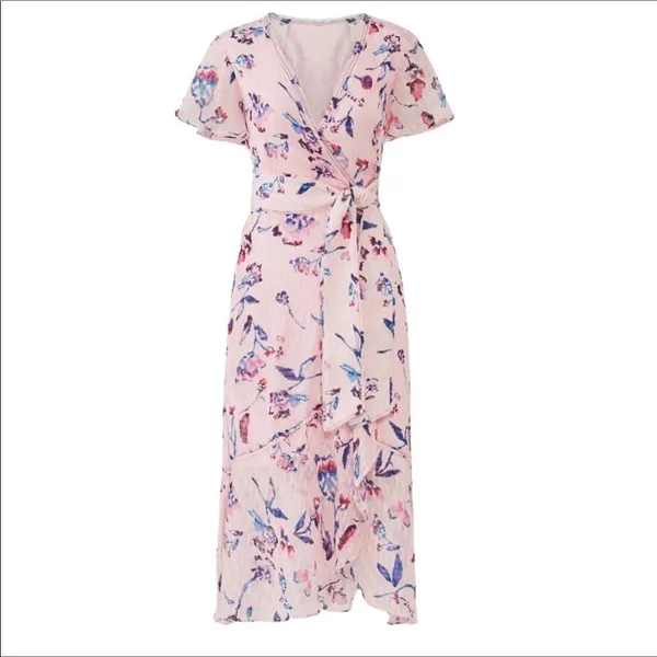 Tanya Taylor Blaire Pink Floral Silk Ruffle MIDI Dress Faux Wrap Flowers v6x - Image 4