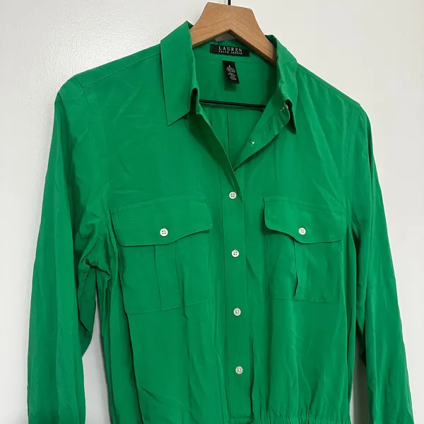 Lauren Ralph Lauren | Green Viscose Long Sleeve Button Front Shirt Dress, 8 - Image 4