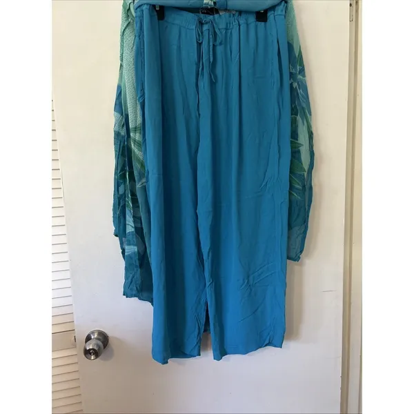 Phool Womens Blue Green Floral Stripe Sheer Tunic & Wide Leg Pant Set Rayon LG‎ - Image 7