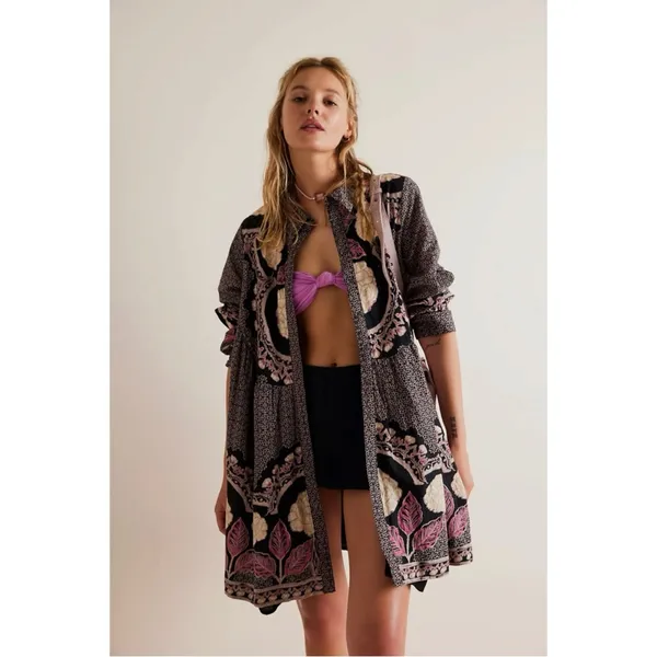 Free People Smell The Roses Mini Shirt Dress Tunic Bohemian Snap Front Medium - Image 9