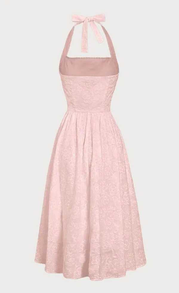 Rihoas Pink Embroidery Halter Midi Dress - Image 6