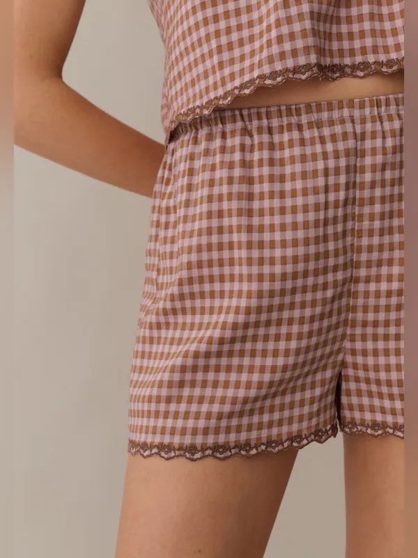 NWT Few Moda Lila Shorts size Large L gingham brown rust lace trim Kourt - Image 2