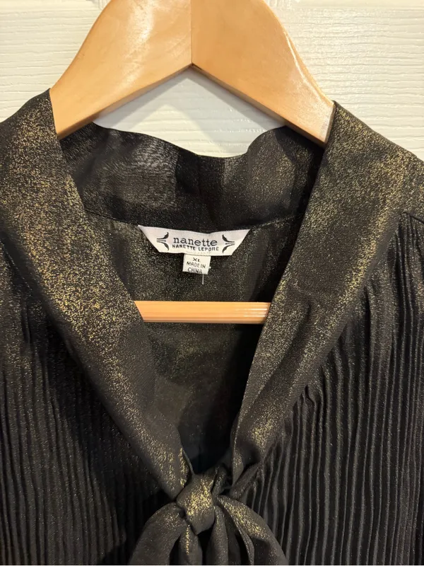 Nanette Lepore Metallic Shimmer Black Gold Pleated Bow Neck Top - Image 2
