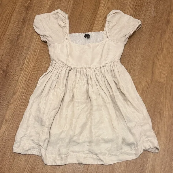 J. Crew Size 12 Beige Puff Sleeve Linen-Cupro Blend Mini A-Line Dress Pockets - Image 2