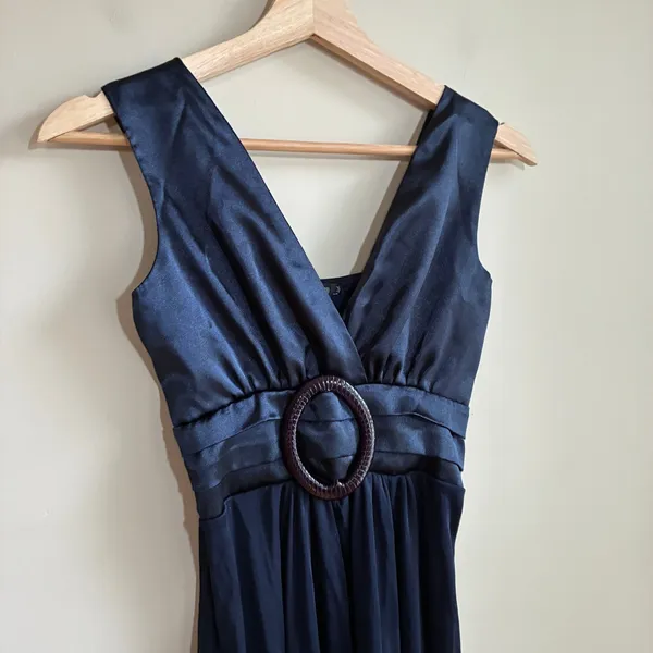Vintage Star Vixen V-Neck Cocktail Dress Small Navy y2k Satin Mesh O-Ring - Image 2
