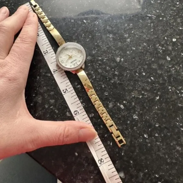 Chico’s Large Face Mother of Pearl Pave Rhinestone Goldtone Delicate‎ Band Watch - Image 11