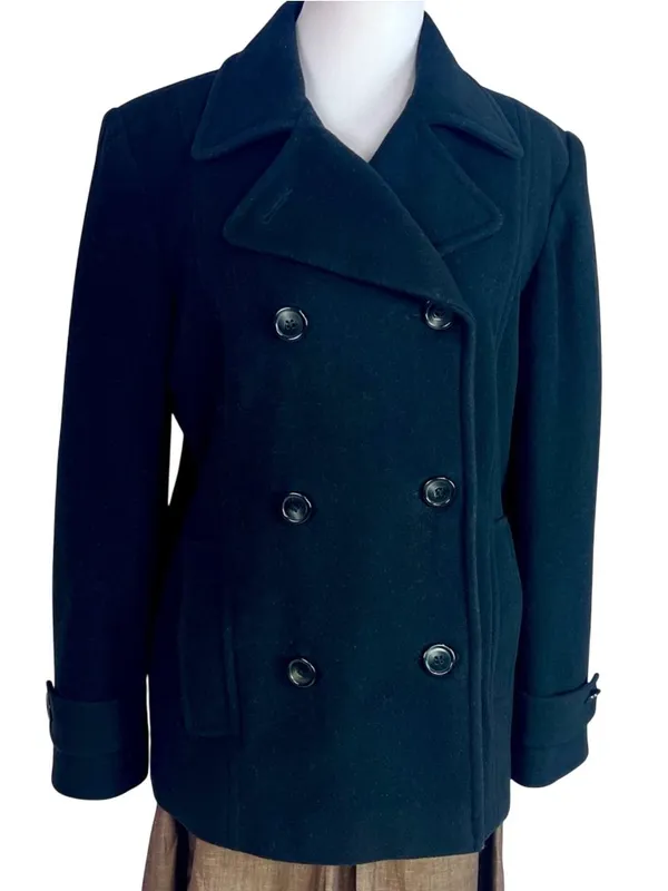 Anne Klein Wool Blend Peacoat Double Breasted Black Classic Style S Preppy - Image 2