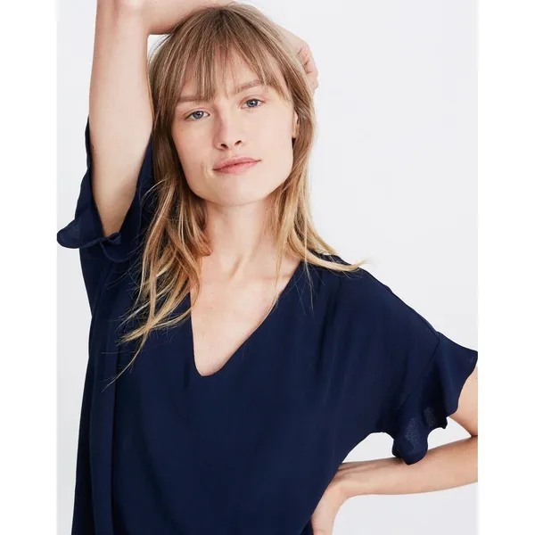 Madewell Easy Mini Dress Womens M Blue Ruffle Sleeves V Neck Preppy‎ SMALL FLAW - Image 3
