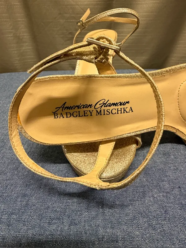 Badgley Mischka American Glamour Gold Glitter High Heel Sandals with Ankle Strap - Image 12