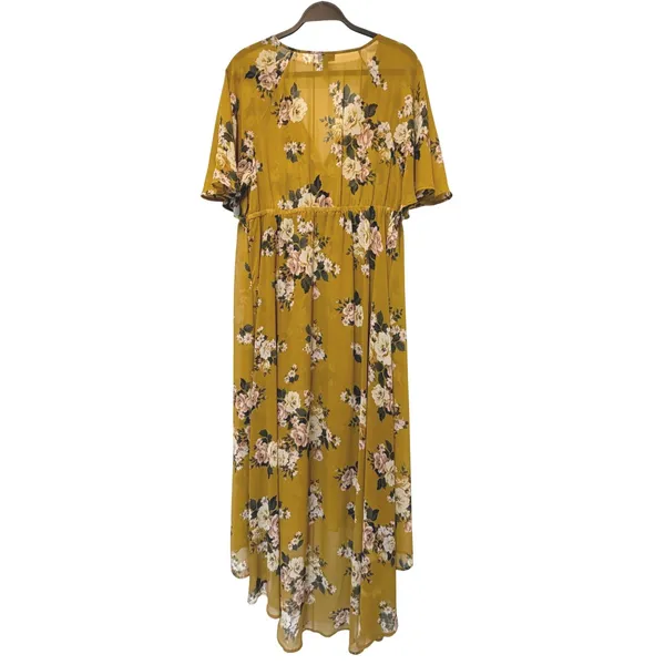 Torrid Floral Chiffon High Low Maxi Dress Flutter Sleeve Gold Size 1 1X No Slip - Image 6