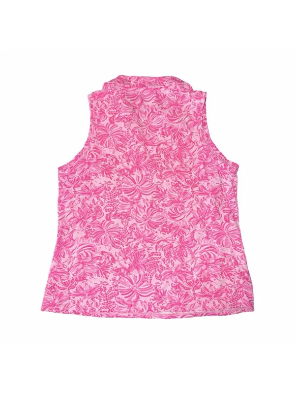 Lilly Pulitzer Luxletic Imara Sleeveless Golf Polo Top Pink Blossom Foxy Llama L - Image 3