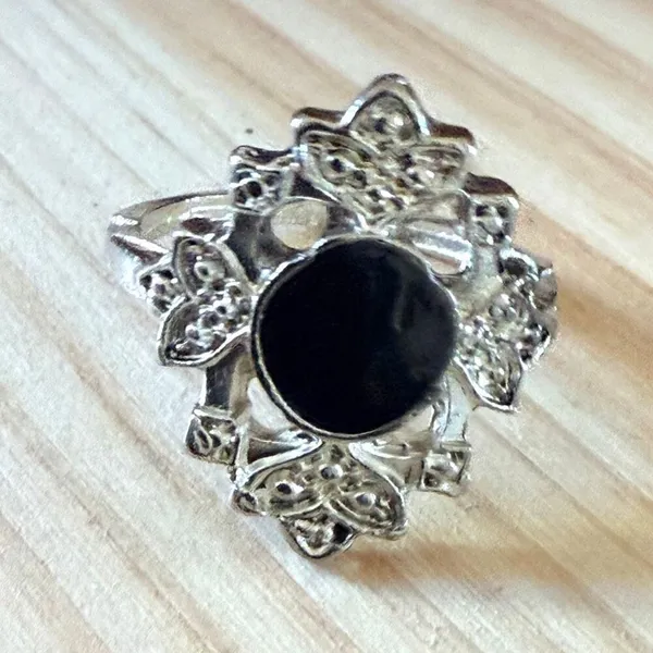 Silver Tone Black Cabochon Floral Statement Ring Silver - Image 5
