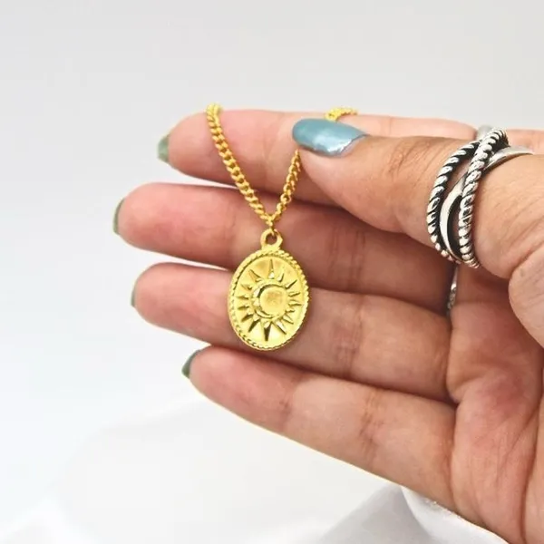 Gold Sun and Moon Oval Pendant Necklace - Image 6