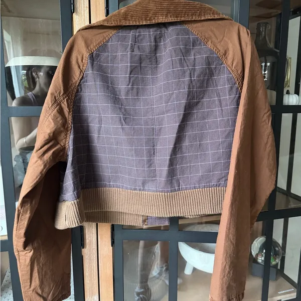 By Anthropologie Plaid Crop Utility Jacket barn corduroy khaki checkered collar - Image 7