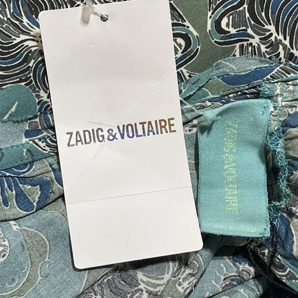 Zadig & Voltaire Small Asymmetrical Dress Sleeveless Deep V-Neck Teal Abstract - Image 7