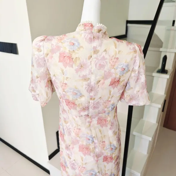 Floral Cheongsam Midi Dress Pearl Stand Collar Puff - Image 4