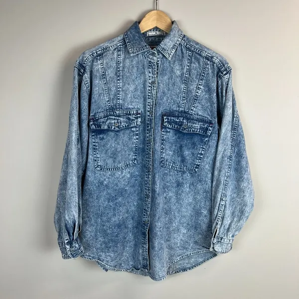Vintage 80s Levis Sportswear Acid Wash‎ Denim Button Up Shirt Small Sequin Bow S - Image 3