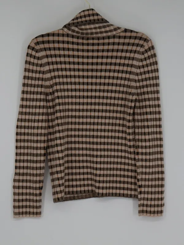 Maeve Anthropologie Sweater Large Fitted Stretch Plaid Cowl Neck Brown Black - Image 9