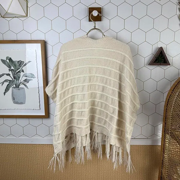 Akemi + Kin by Anthropologie Cream Miette Chenille Fringe Cardigan Poncho - O/S - Image 6