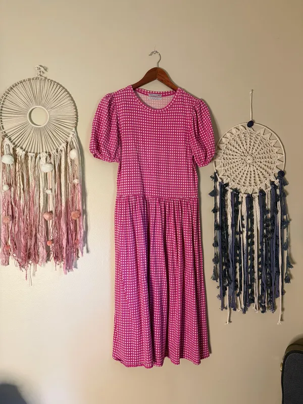Urban Outfitters Antibes Gingham Puff Sleeve Midi Dress Pink Size Small - Image 3