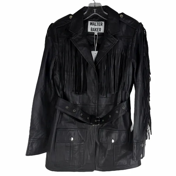 Walter Baker Linda Fringe Belted Lamb Leather Jacket Black Size S - Image 5