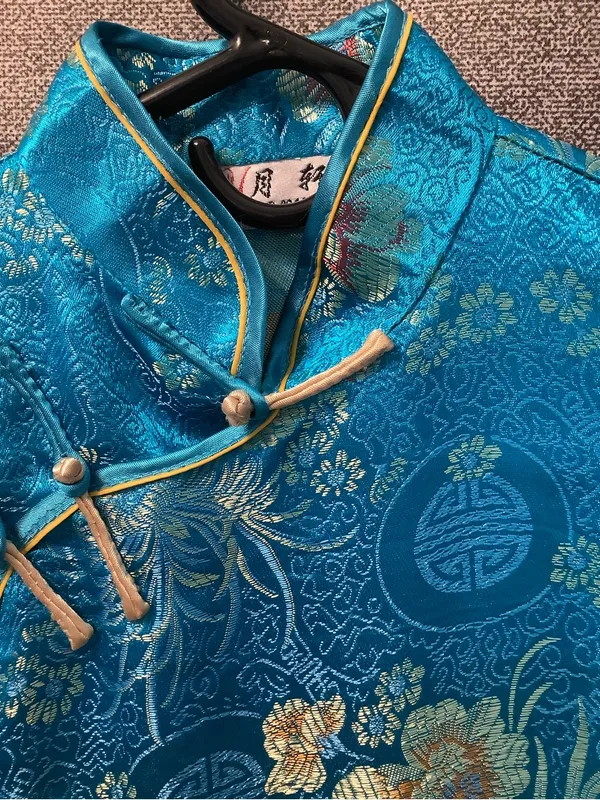 Yuexuan Qipao Dress Shanghai Style Blue Gold Floral Satin Mandarin Collar Y2K - Image 6