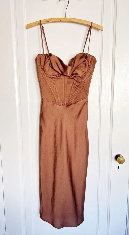 House of CB • Myrna Chocolate Satin Corset Slip Dress brown bustier boned bodice - Image 3